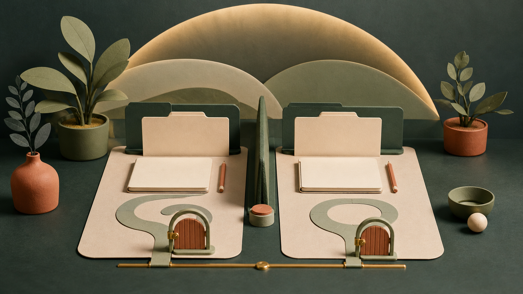 Two separate paper-cut work stations share a quiet boundary line while each task path remains private and ends at its own exit gate