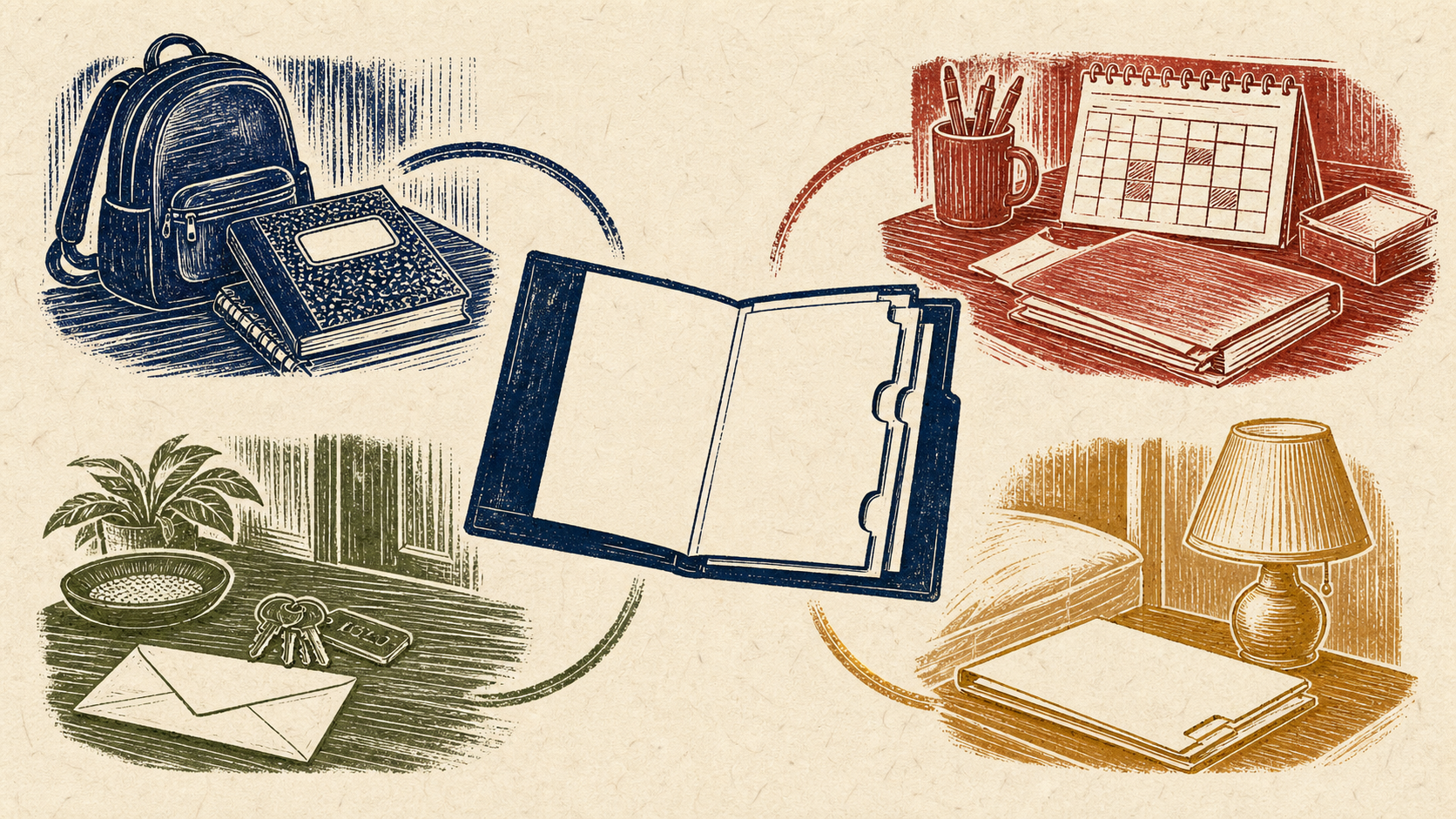 A four-color linocut connects school notebooks, a work calendar, home keys and mail, and a bedside history folder to one central blank portfolio