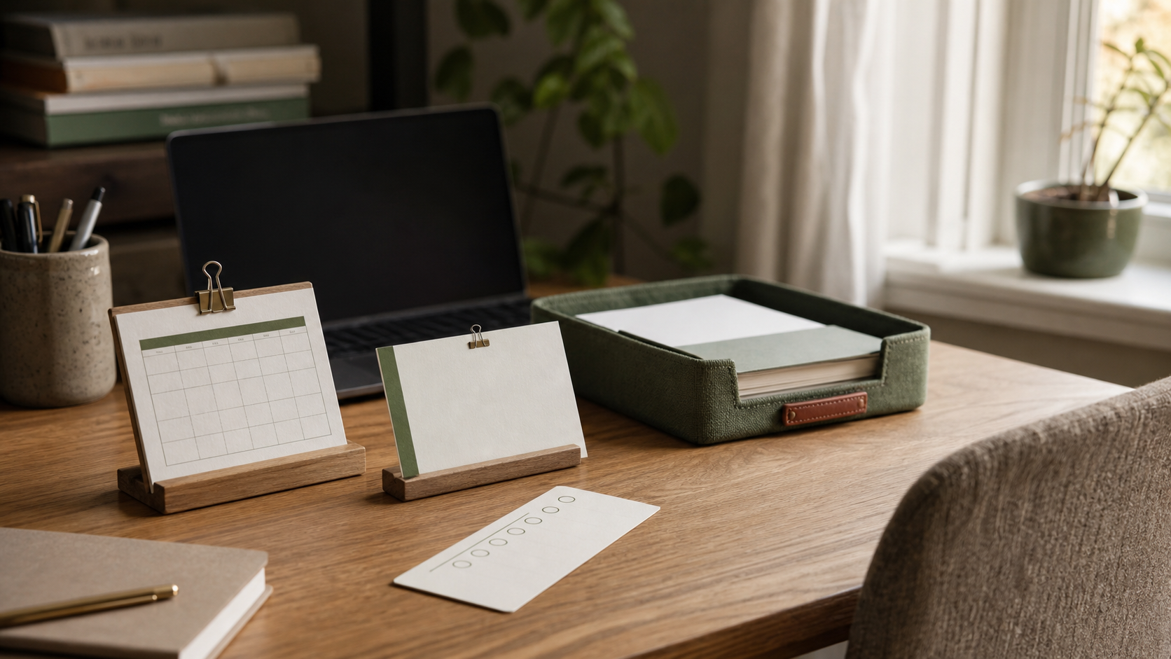 An illustrative natural-light desk scene shows a date stand, one priority card, a handoff tray, and a short check strip as separate visible supports
