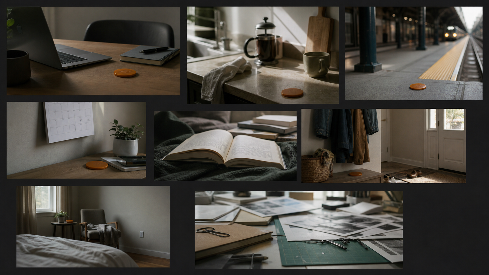 An illustrative photographic contact sheet shows neutral work, home, travel, planning, reading, entryway, rest, and project contexts with a recurring amber marker in several but not all frames