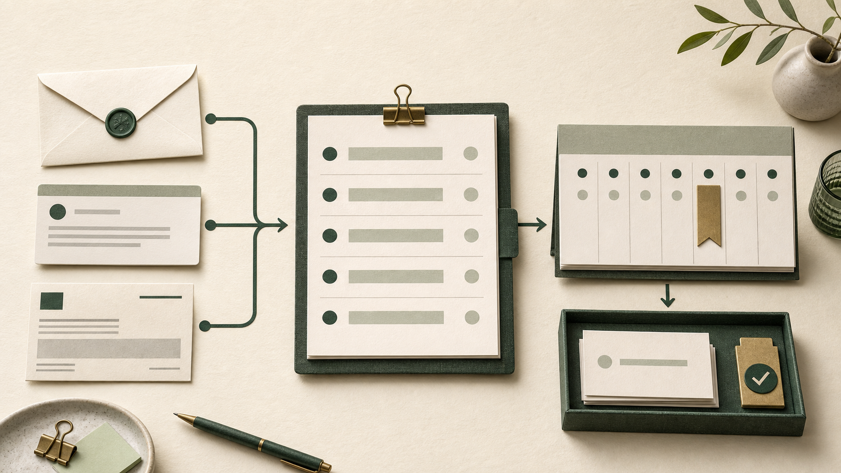 A paper bill, email-like card, and service notice flow into one neutral due-date inventory, then move to a seven-day review board and a separate confirmation tray