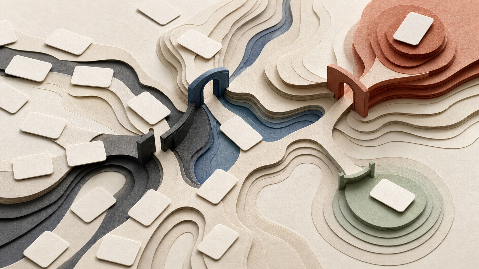 A layered paper relief separates many blank task tiles through different gates into protected routes and a single reversible next-move platform