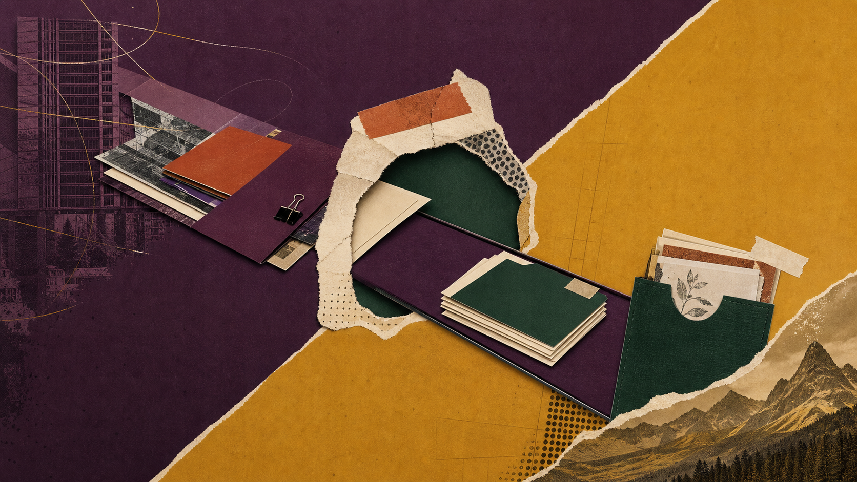 A flat editorial collage shows two contrasting work commitments meeting at one torn capacity aperture, with one continuing and the other protected in a waiting pocket