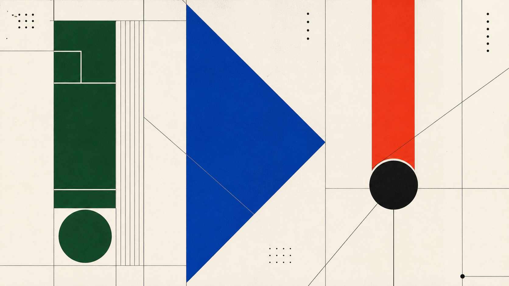 An abstract Swiss-style poster uses a solid green completion block, a blue forward shape, and a red interruption bar meeting a black decision node