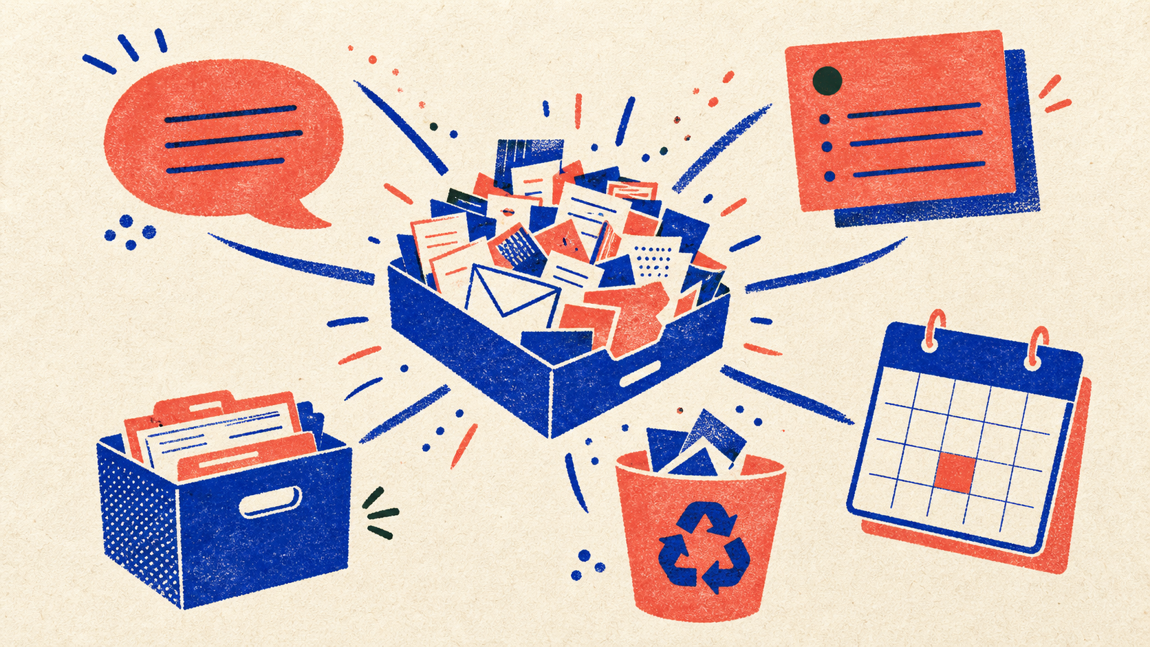 A two-color risograph illustration shows one crowded inbox surrounded radially by reply, task, calendar, reference, and removal destinations