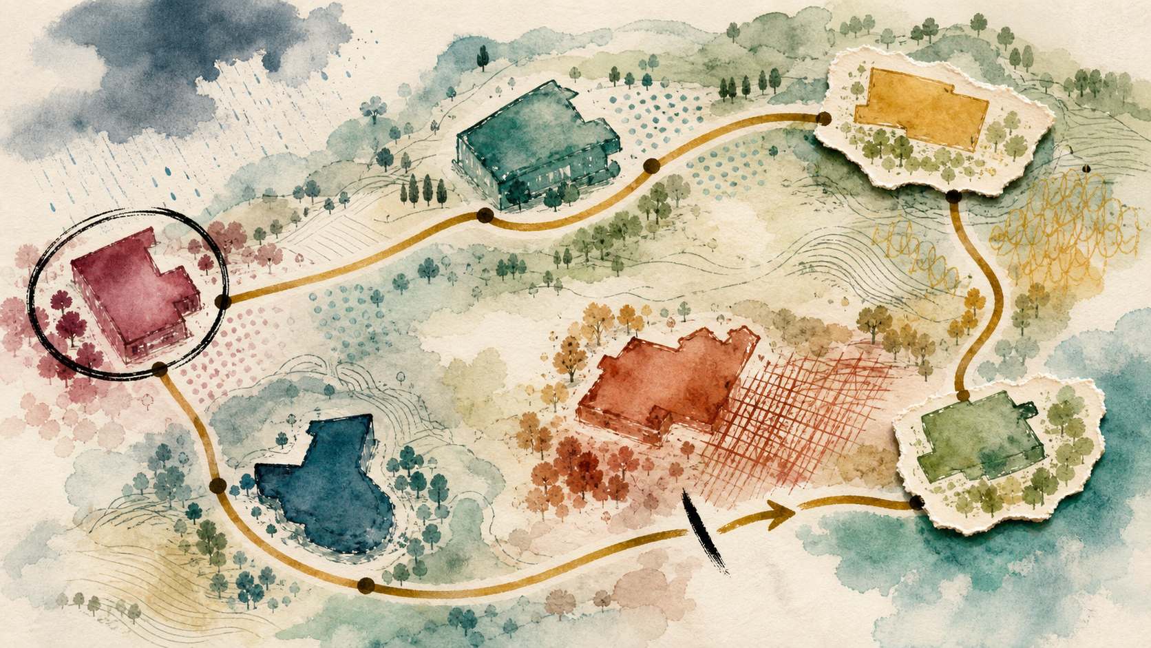 A handmade watercolor neighborhood loop bends around varied destination shapes, a dark fixed anchor, removable optional islands, changing load textures, and an open cut point