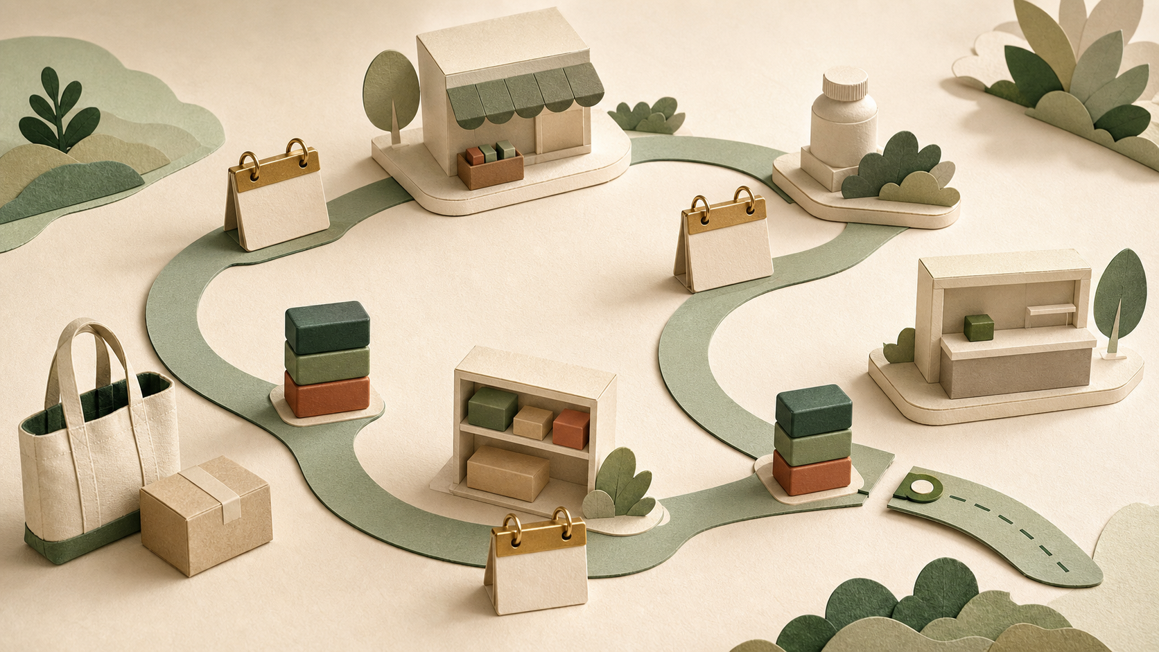 Generic errand destinations sit along one green loop with calendar tabs, changing stacks of energy blocks, and a removable final route segment