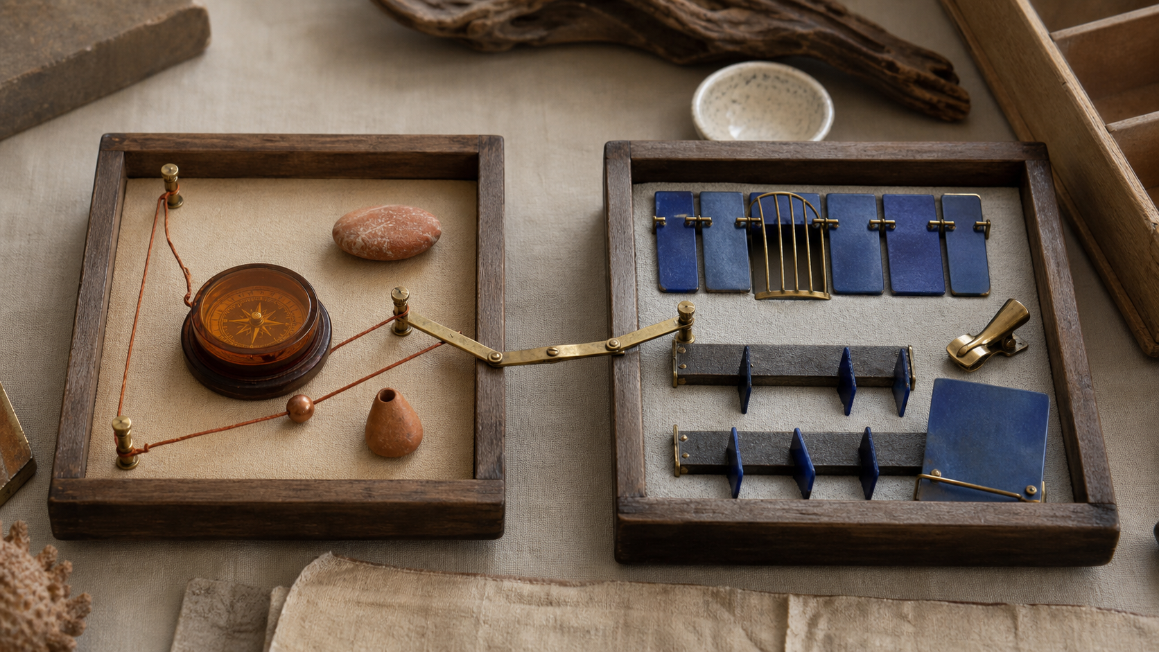 Two archival specimen trays are linked by brass; one holds an amber compass and direction thread while the other holds cobalt sequence tabs, a gate, clips, and temporary slots