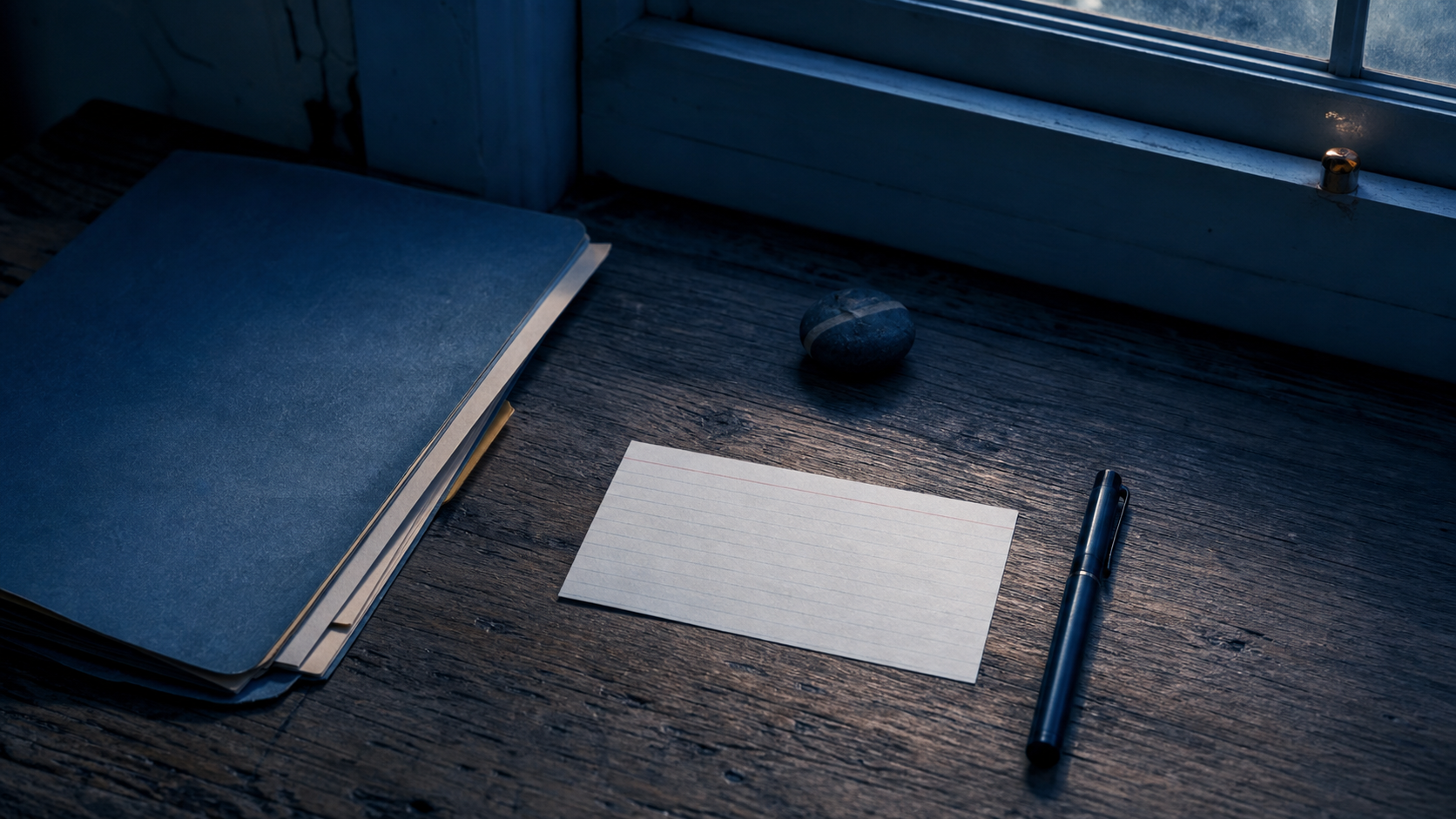 A staged blue-hour desk photograph shows a blank restart card beside a closed folder, capped pen, and small physical cue