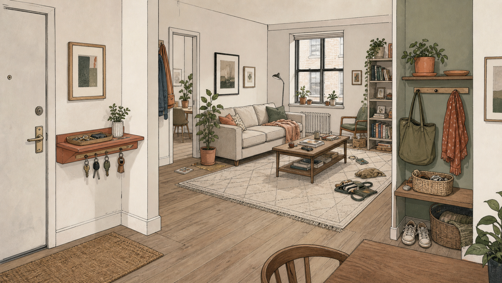 An architectural editorial illustration shows a modest ordinary room with a shallow arrival ledge by the door and a separate everyday-bag niche at the opposite room edge