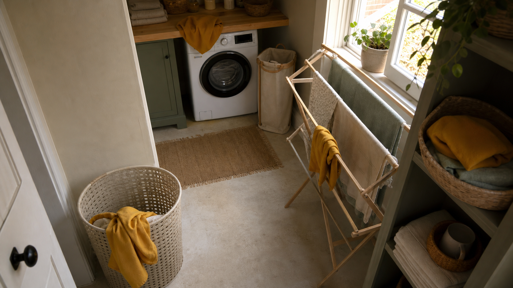 A staged overhead photograph of a compact laundry room places collection, washing, drying, and return areas in different parts of the real room