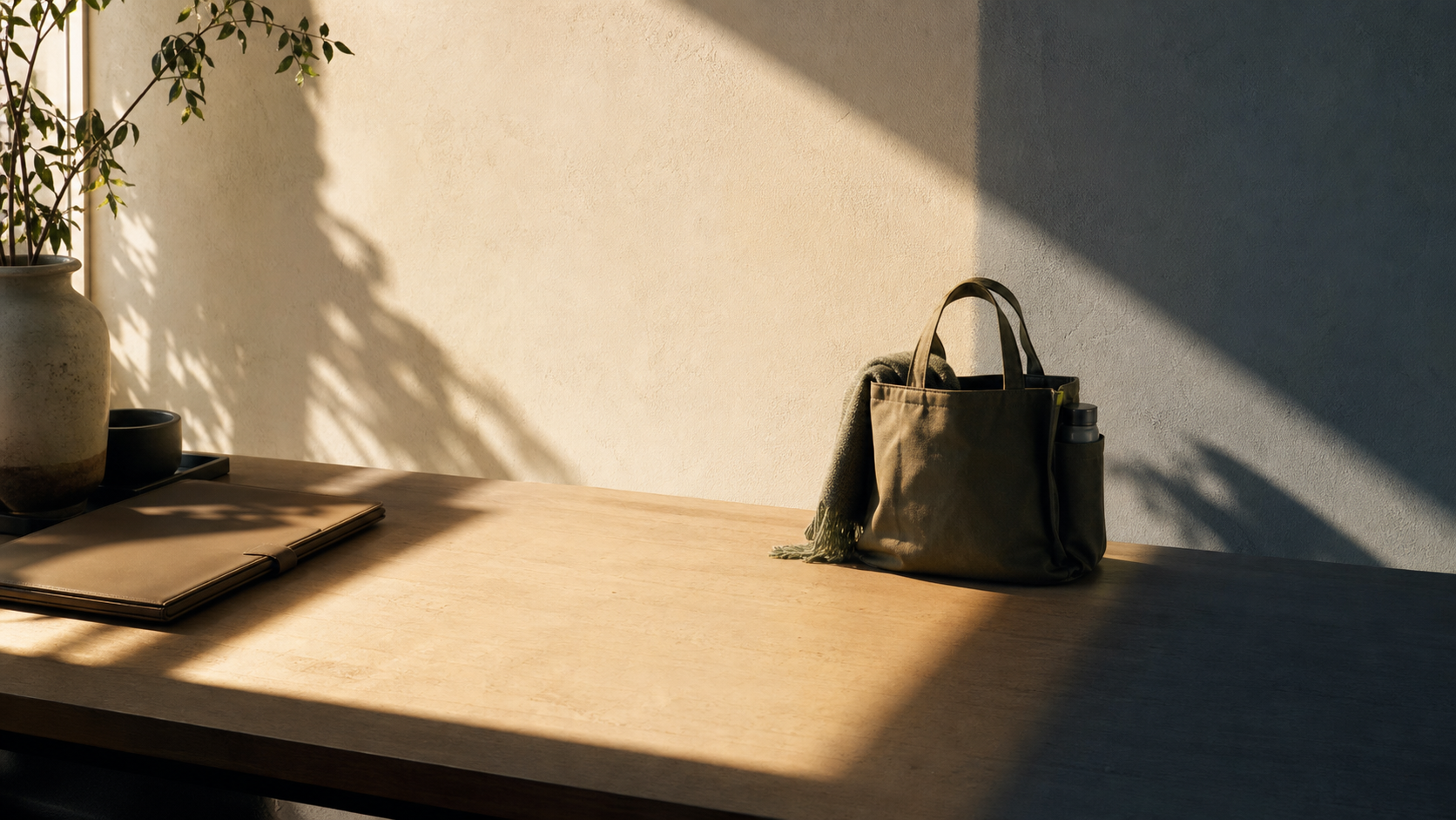 A staged natural-light photograph uses diagonal bands of afternoon shadow across a folder, open work surface, and packed tote to suggest start, work, transition, and stop boundaries