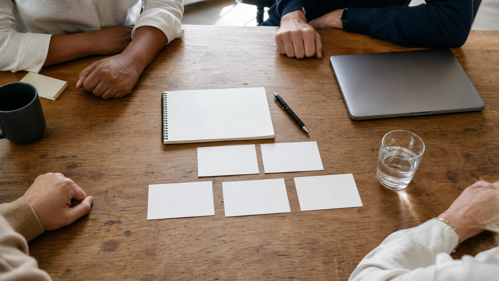 A staged documentary overhead photograph shows colleagues around a wooden meeting table with a blank notebook and five blank action cards