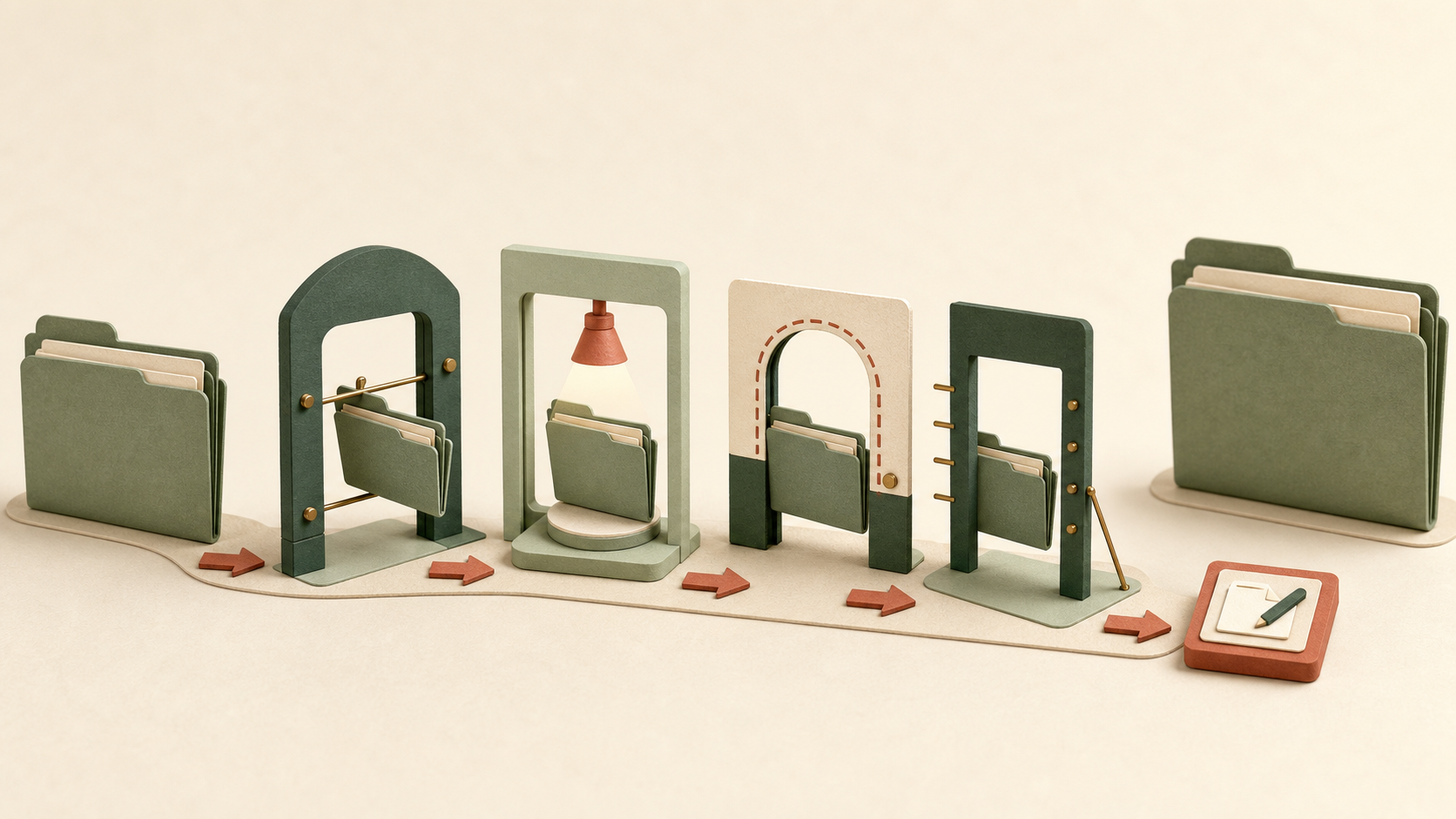A project folder passes through four distinct inspection gates and ends at one small concrete action tile ready to begin