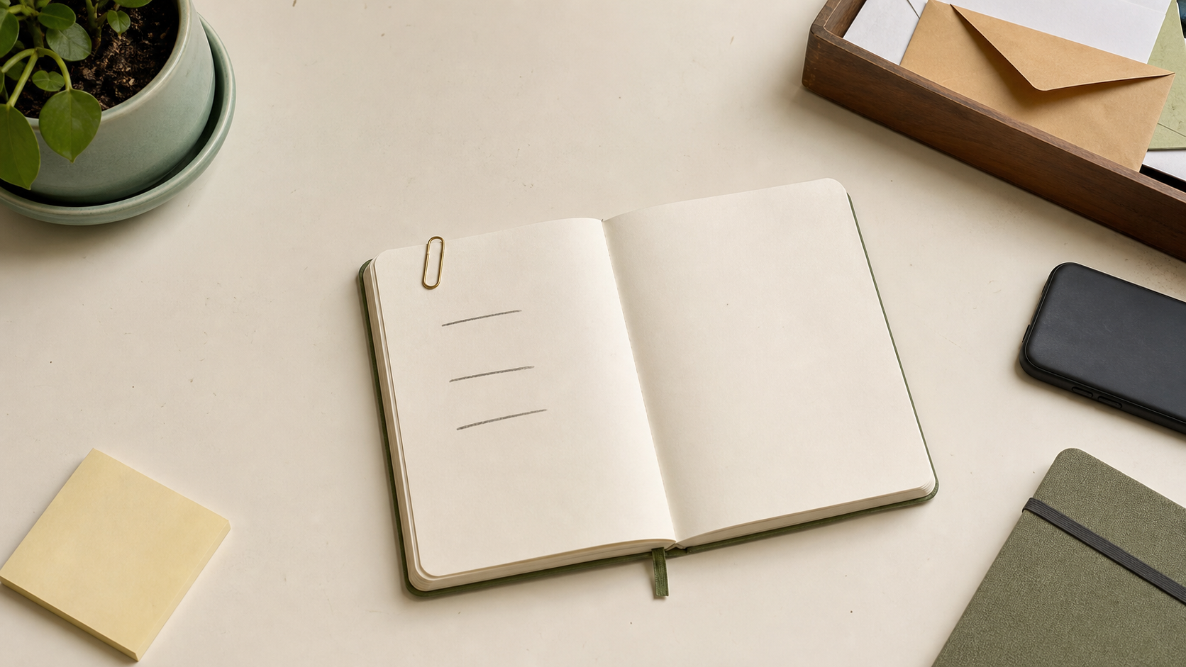 A staged overhead photograph centers one open notebook with three blank task marks while a sticky note, face-down phone, mail tray, and pocket notebook remain at the outer edges