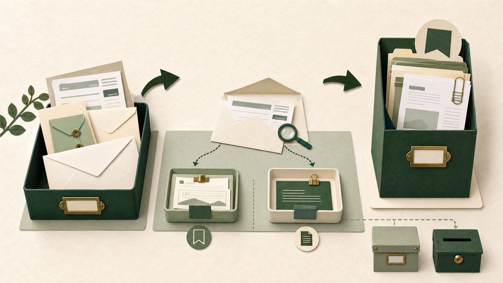 Incoming envelopes land in one tray, are processed individually, and actionable documents move into one upright folder while reference and secure disposal remain secondary routes