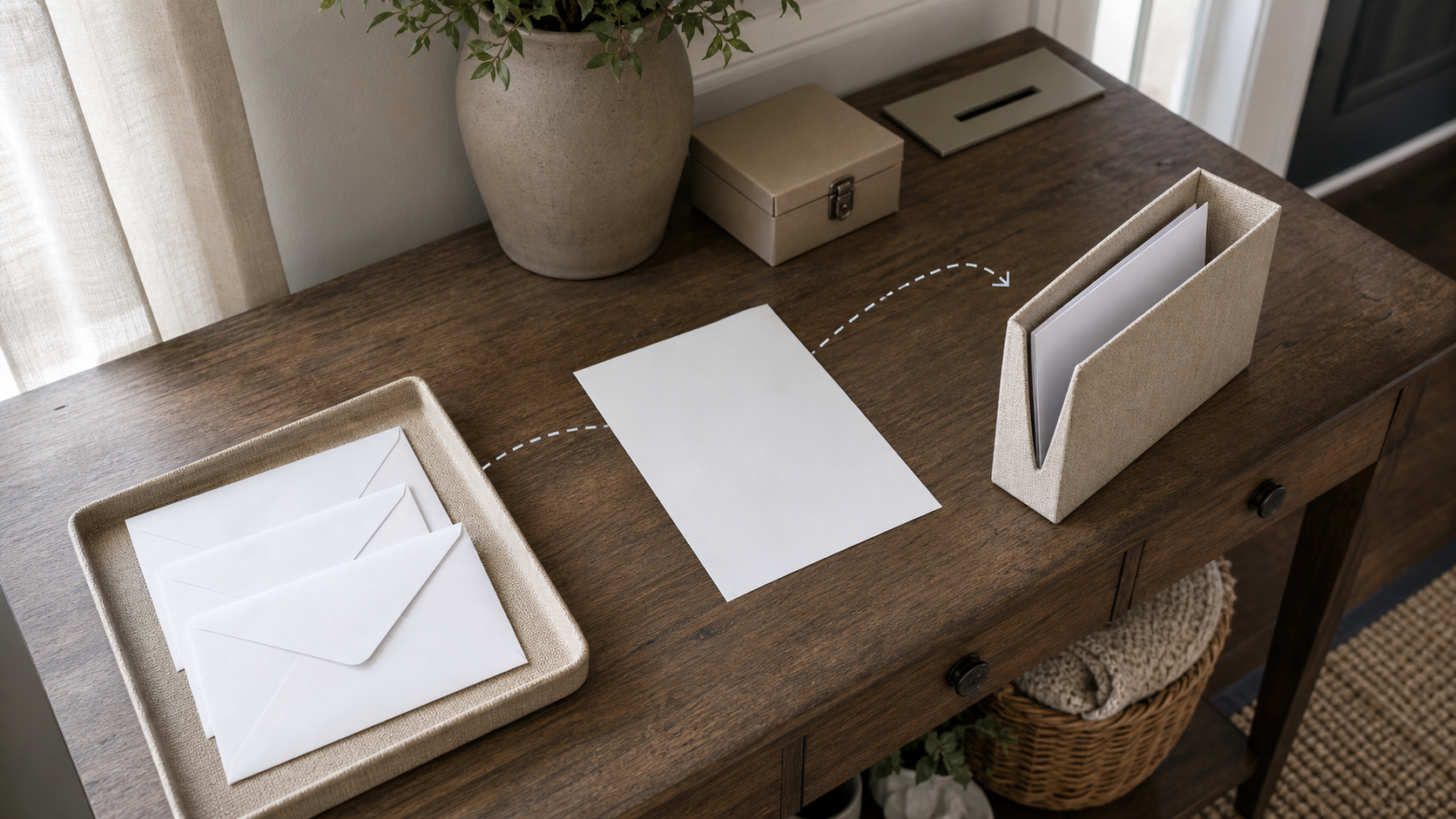 A staged overhead home photograph shows blank envelopes in an arrival tray, one blank document between states, and a separate upright action folder