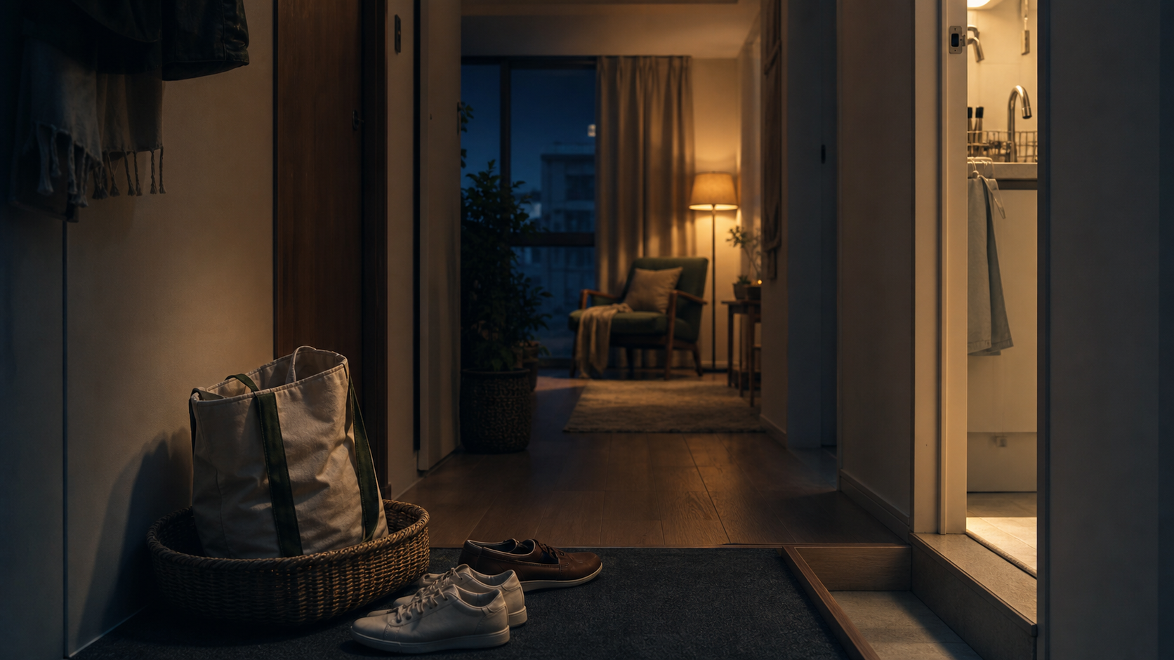 A staged cinematic apartment entry at blue hour shows an ordinary bag parked safely in the foreground, an urgent unloading room to one side, and a quiet chair deeper inside