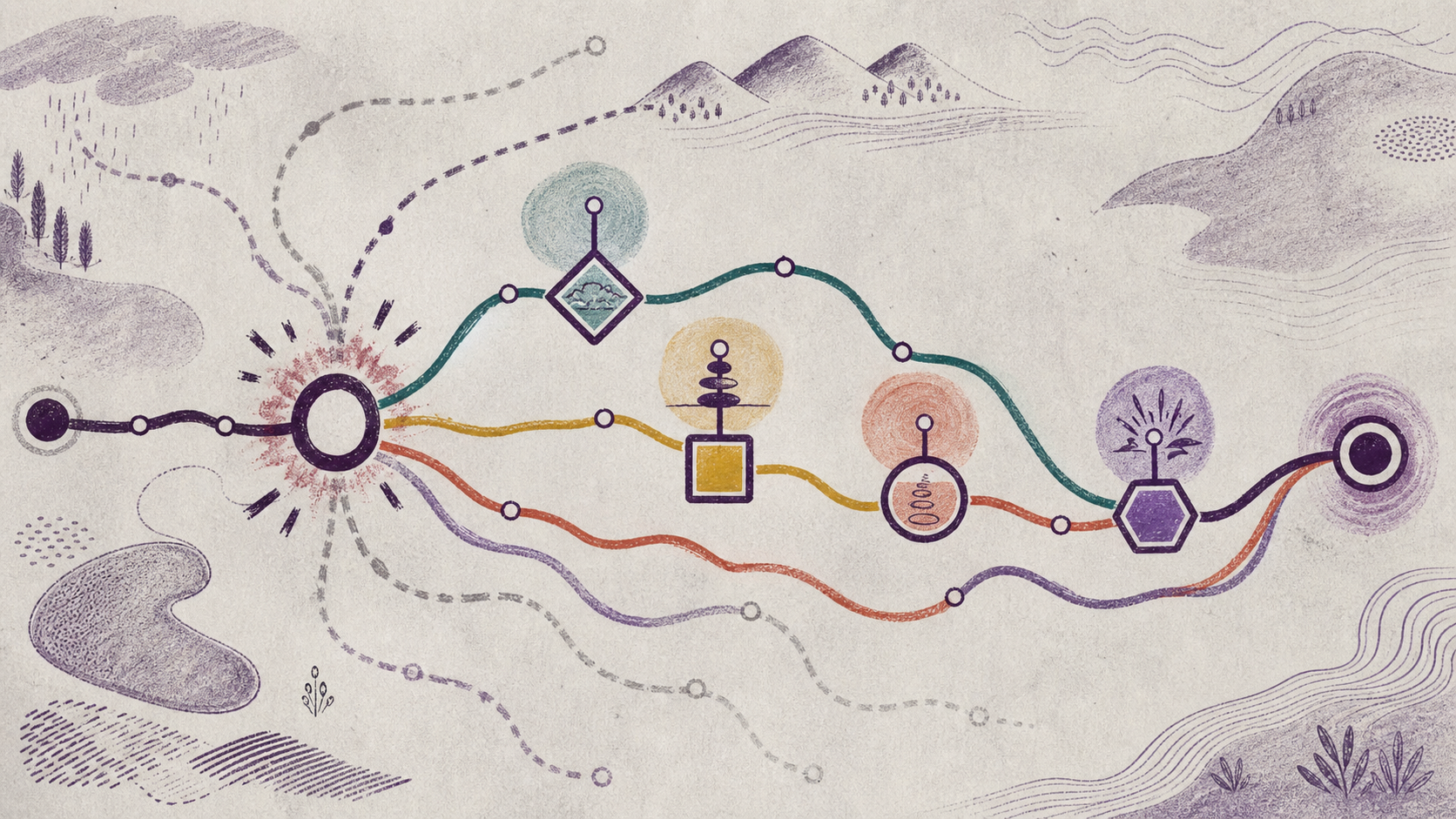 A hand-drawn transit-like map branches around an interruption ring, passes through four distinct reset junctions, lets abandoned routes fade, and reconverges on a new anchor