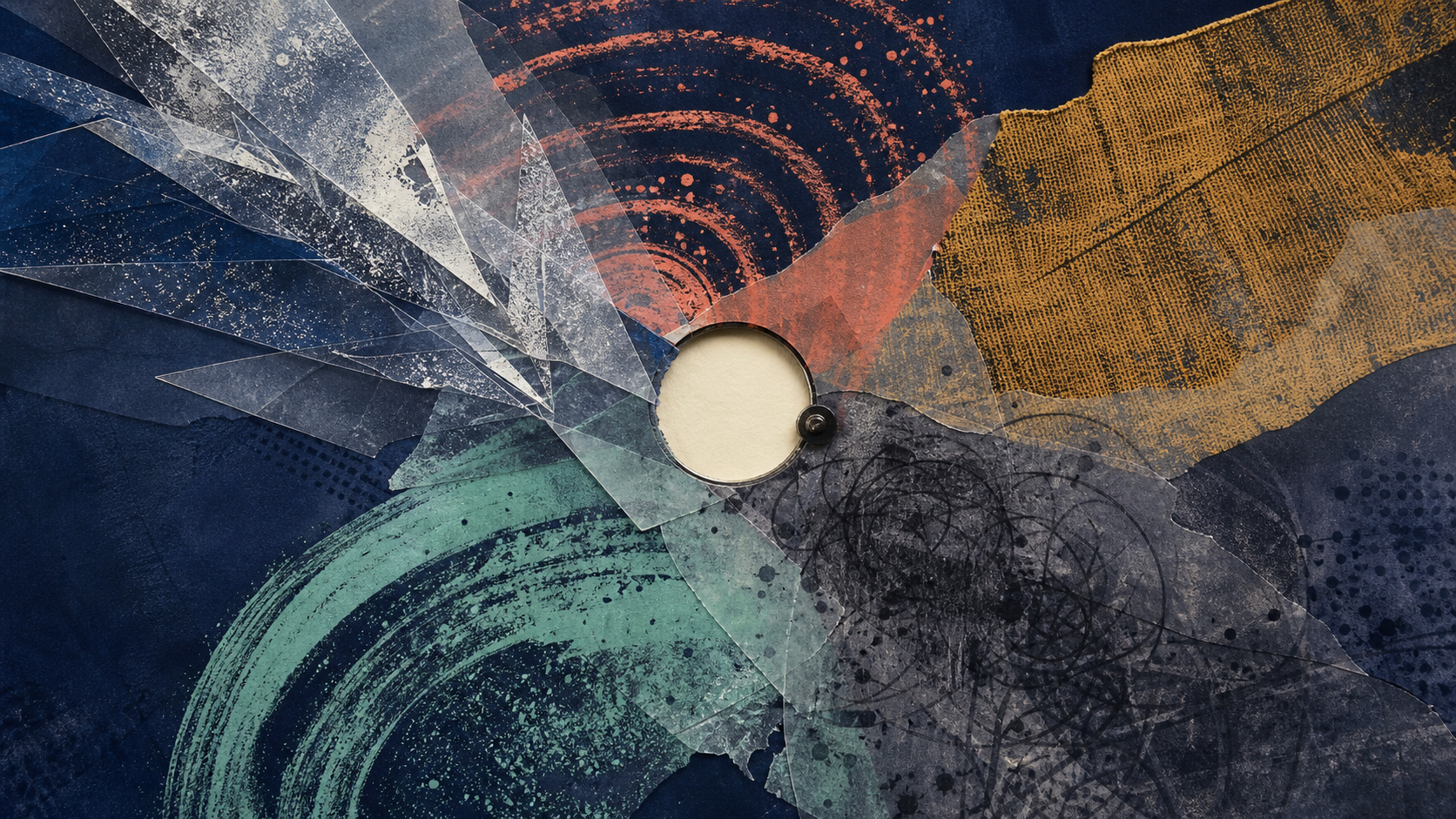 An expressive indigo mixed-media collage layers sharp light shards, coral sound rings, rough textile rubbings, movement arcs, and graphite scribbles around one adjustable quiet opening