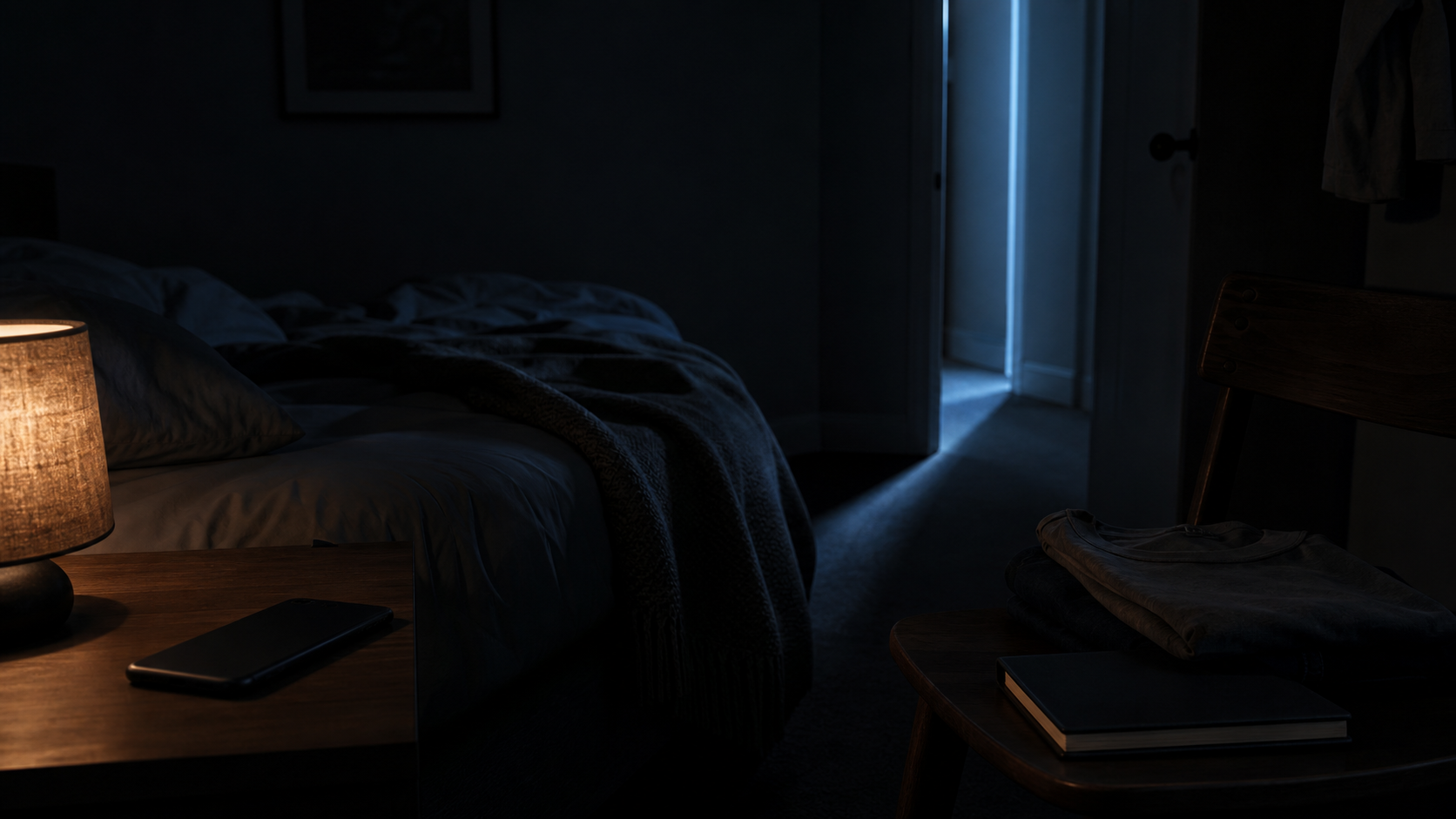 A staged cinematic night photograph shows a dim ordinary bedroom with a phone face-down, a closed notebook, tomorrow's clothing cue, and a narrow strip of cool hallway light