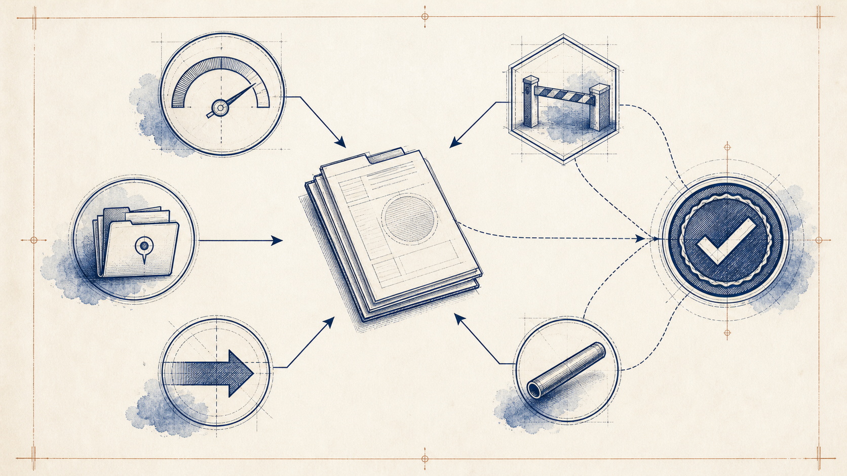 A navy technical-ink blueprint groups a verified-state gauge, source folder, next-action arrow, blocker gate, and owner baton around one project packet and receiver cross-check