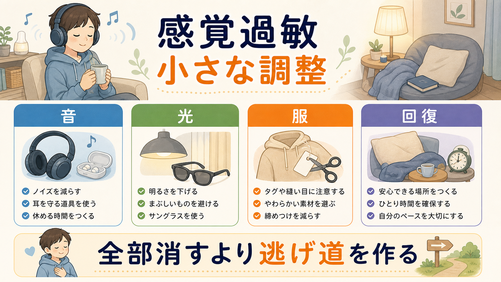 感覚過敏で音、光、服、回復の逃げ道を作る図解