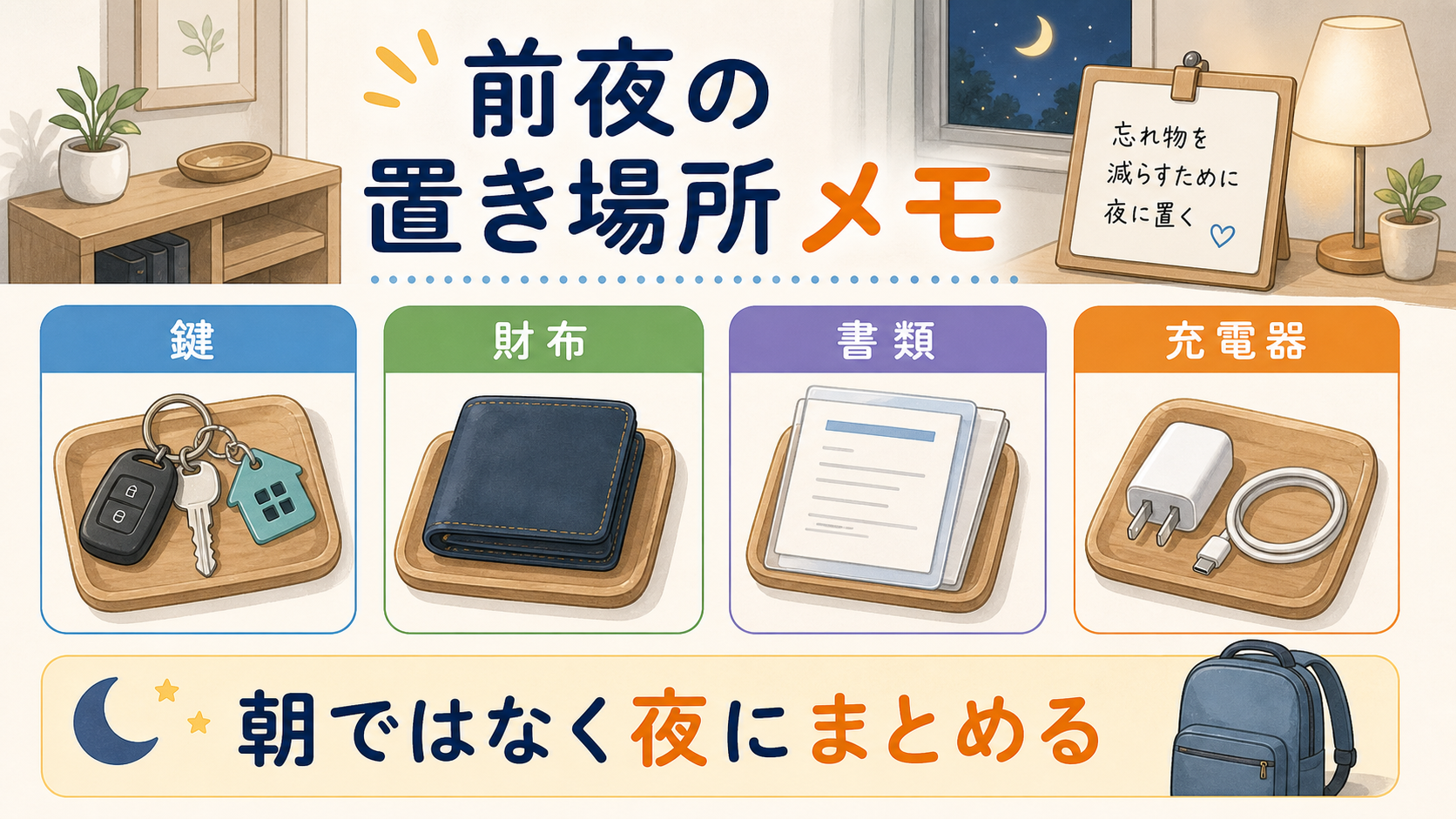 前夜に鍵、財布、書類、充電器の置き場所をまとめる図解