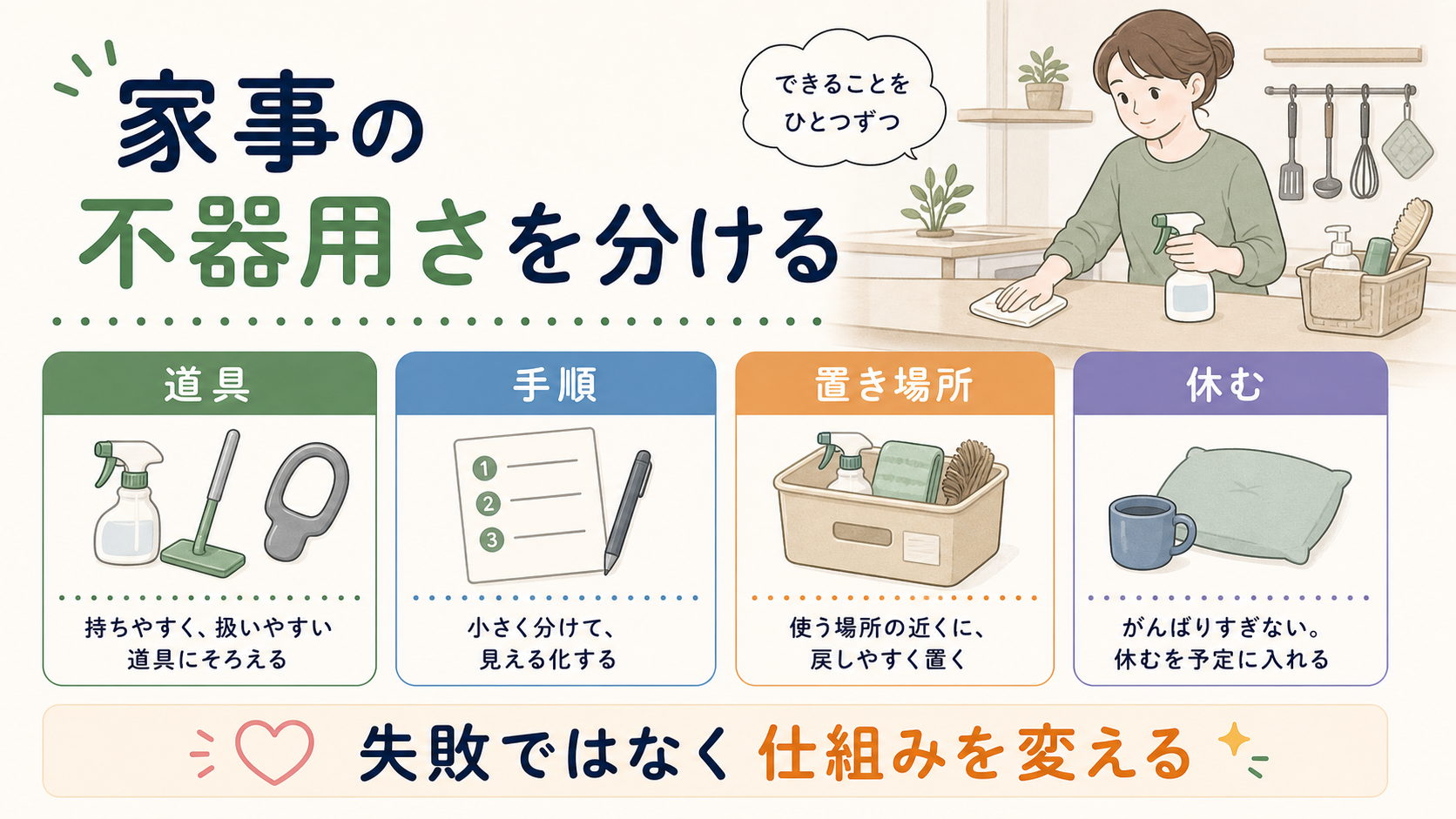 家事の不器用さを道具、手順、置き場所、休むに分ける図解
