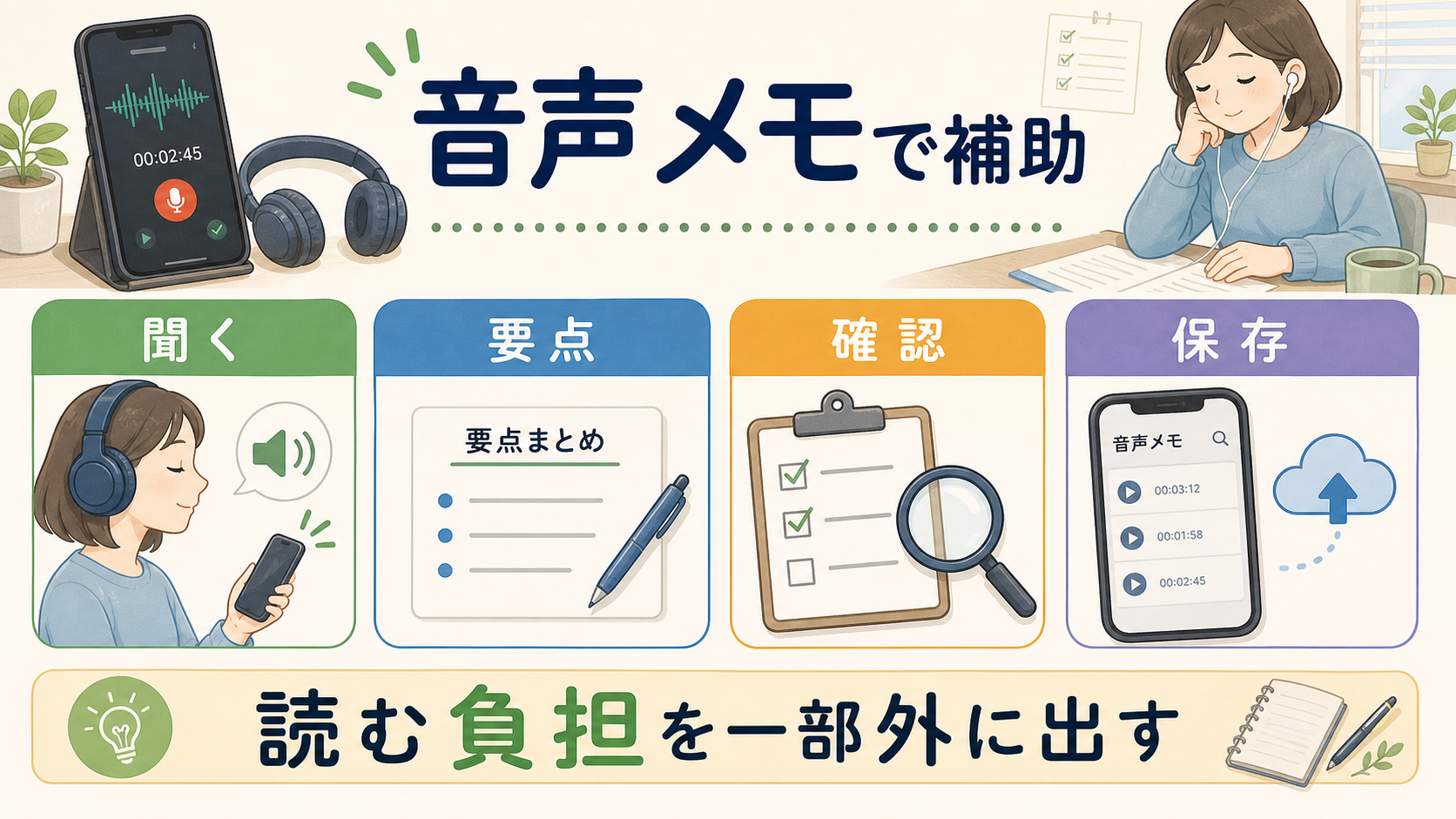 読み書きの負担を音声メモで補助し、聞く、要点、確認、保存に分ける図解