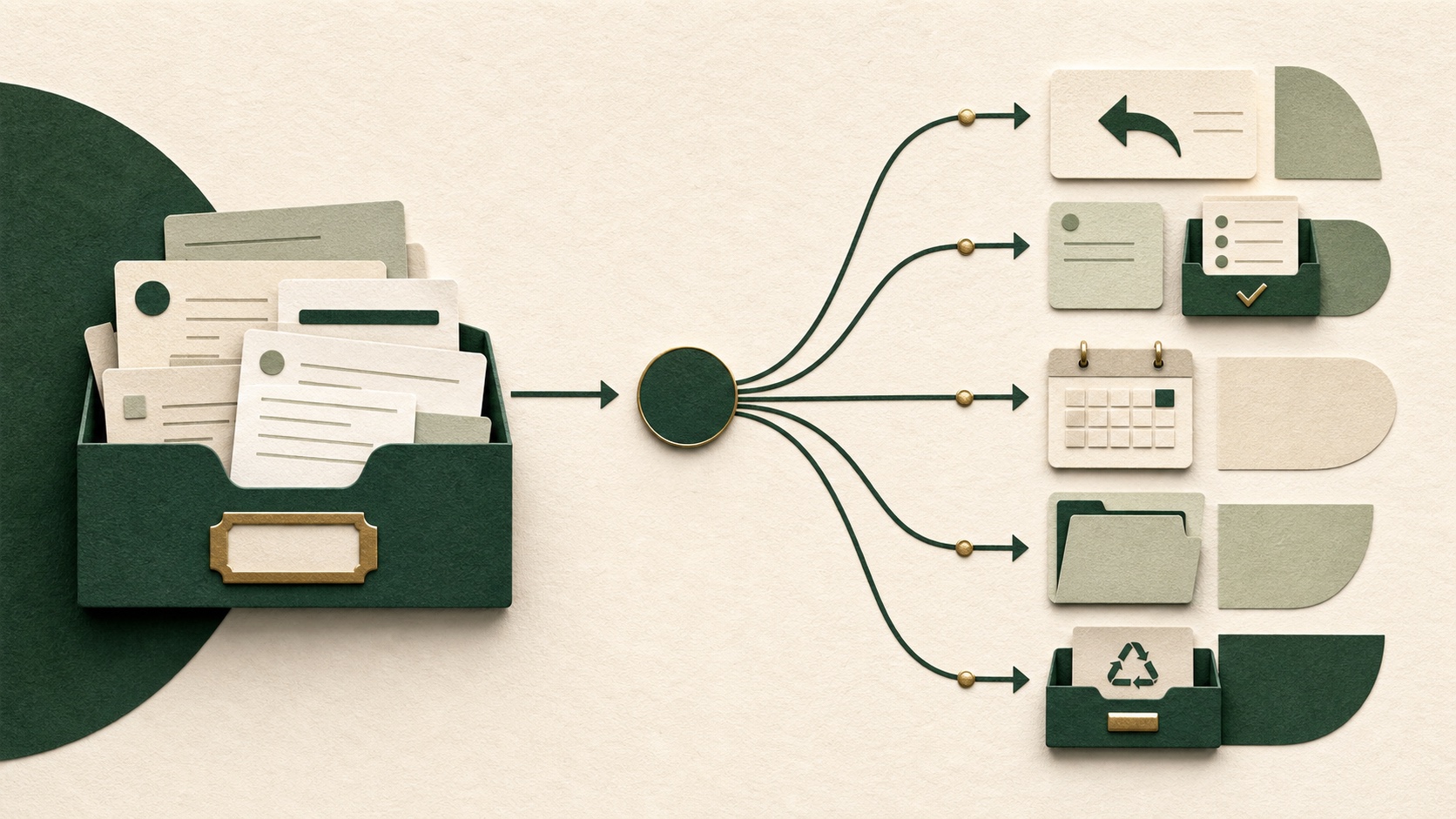 A crowded paper inbox flows through one decision point into reply, task, calendar, reference, and removal destinations