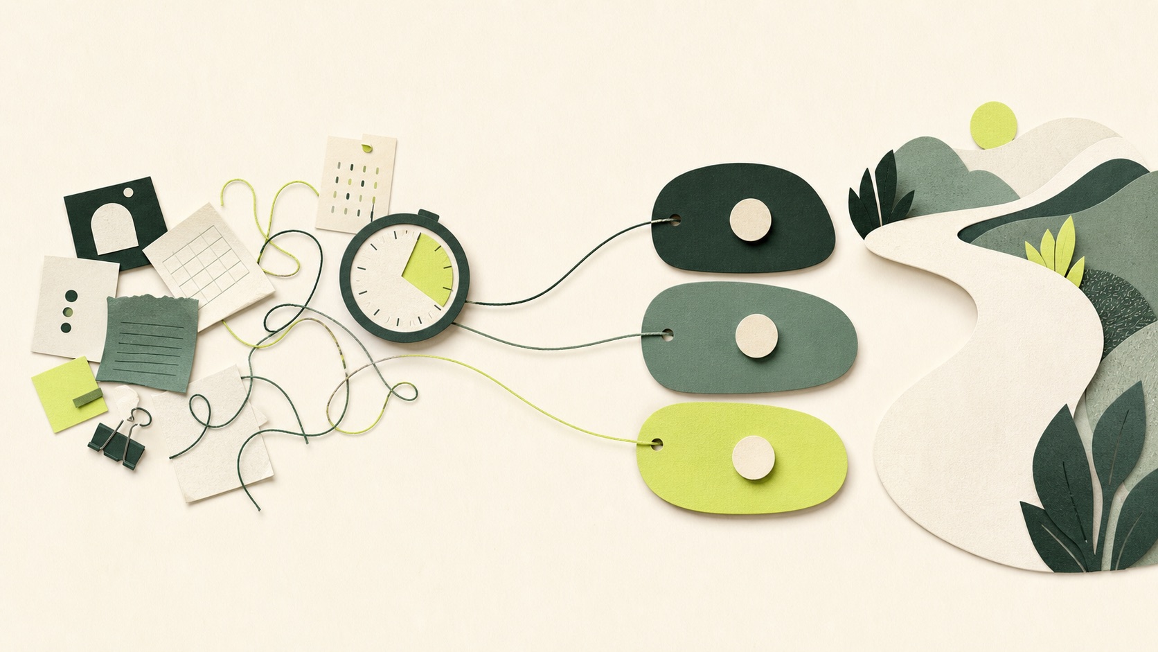 Scattered work cards and tangled threads become three clear controls and an open path