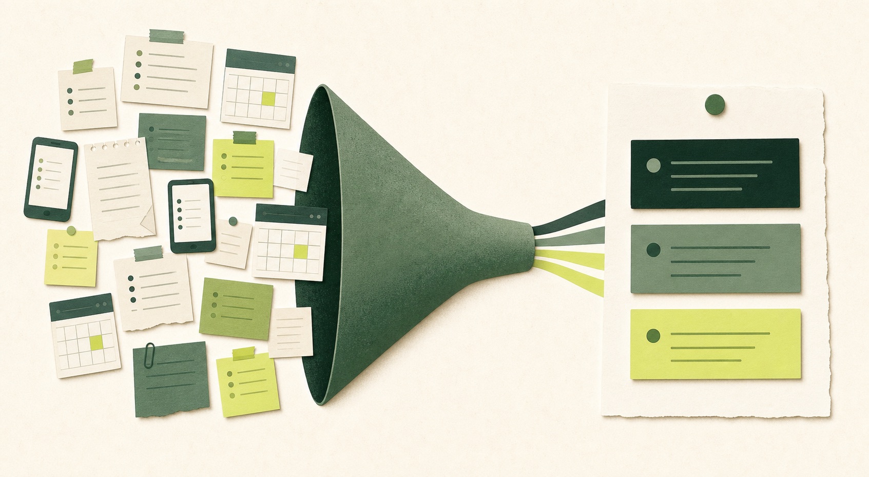 Several scattered task cards and app-like tiles flow into one clear central list with three visible priorities