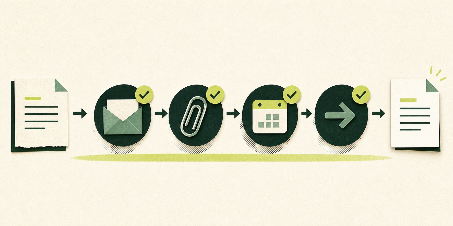 A document passes through four simple inspection gates for recipient, attachment, date, and final delivery