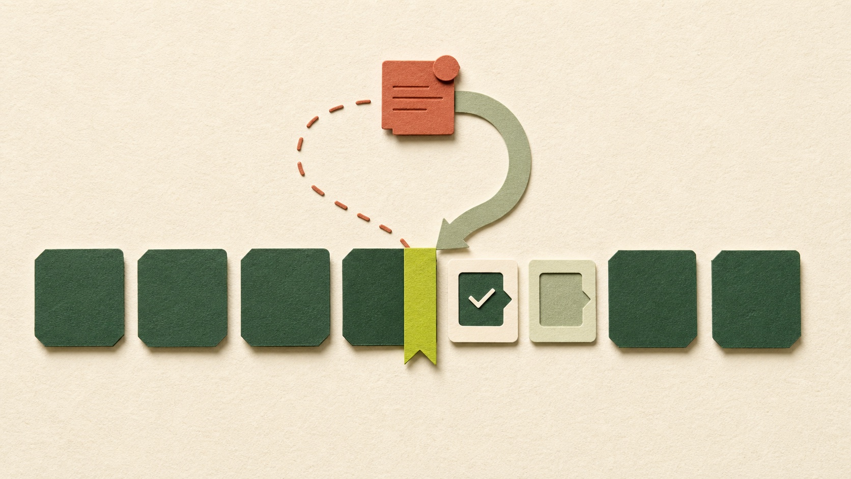 A calm sequence of work tiles detours around an interruption and returns to a bright bookmark beside completed and next-action cue cards