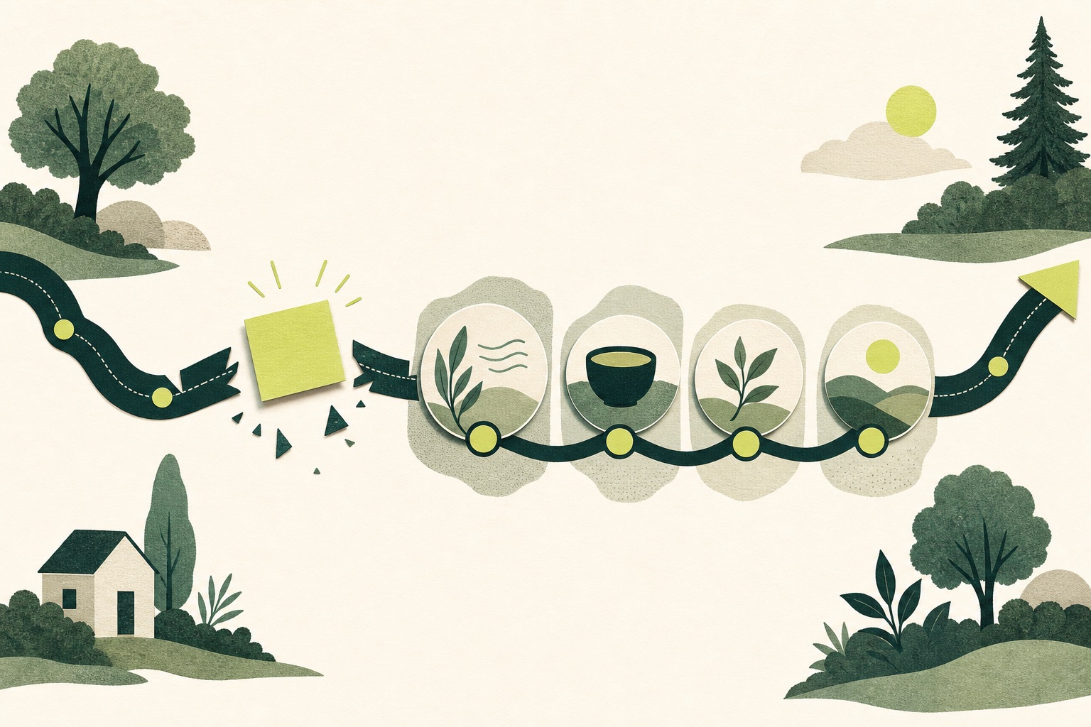 A disrupted daily path reconnects through four calm reset stations into a clear next route