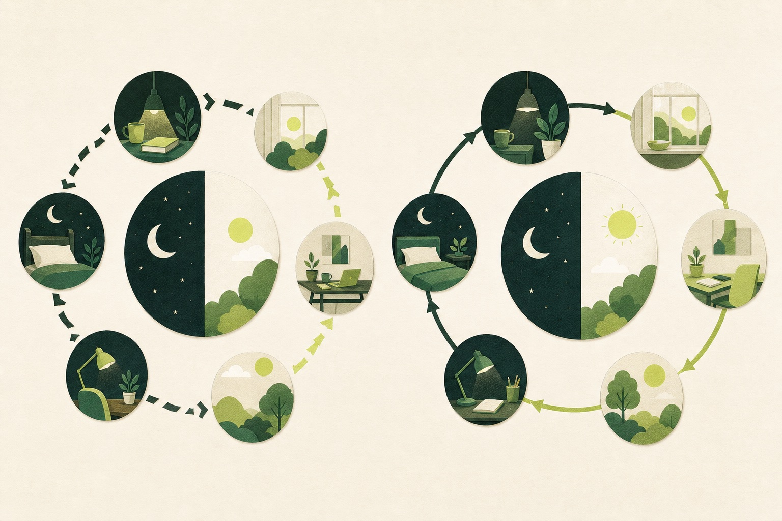 A day-and-night sequence connects sleep timing, morning alertness, daytime concentration, and an evening wind-down path