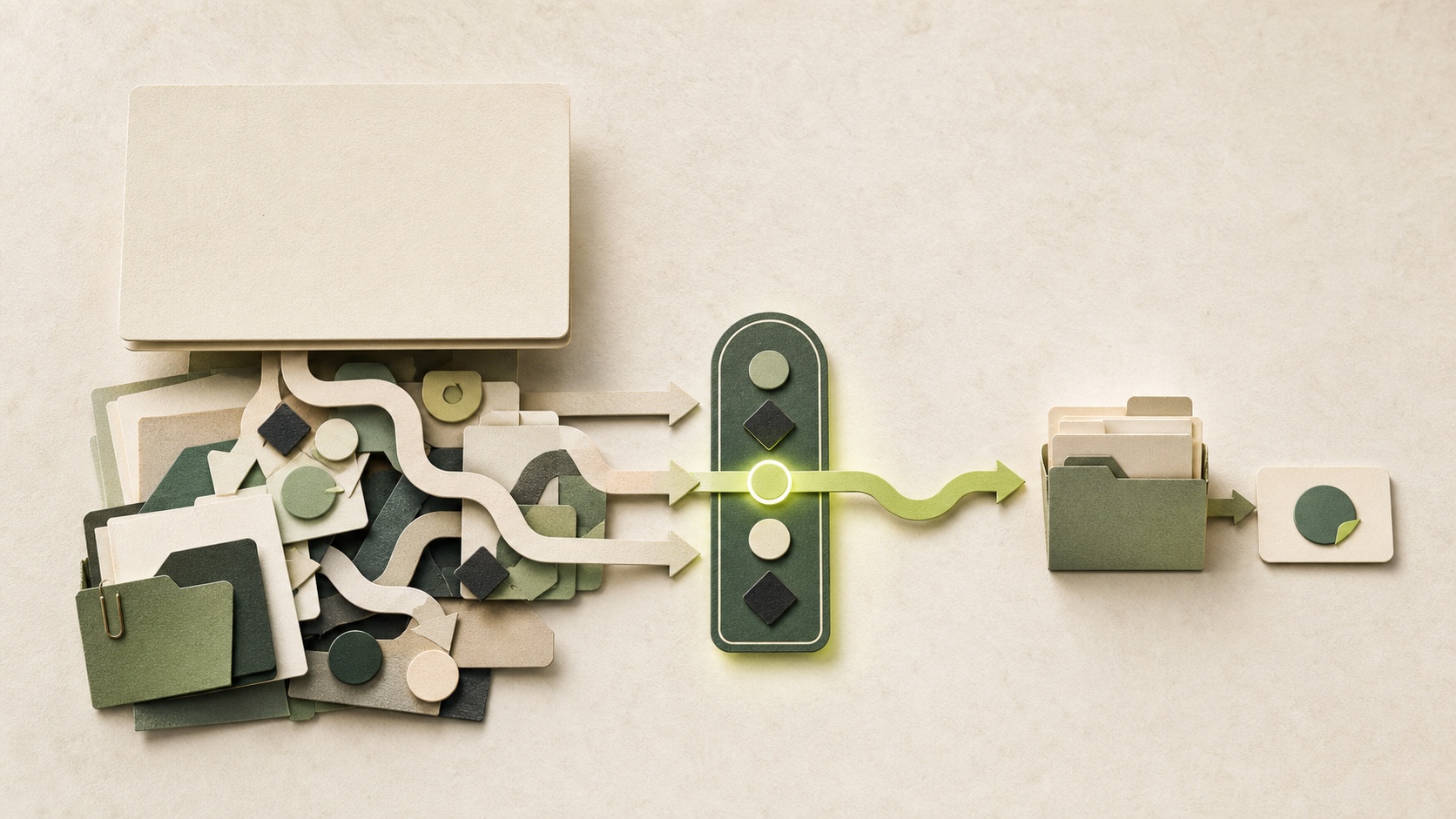 A crowded stack of hidden task branches passes through one selected decision gate and becomes a short clear path to an open folder