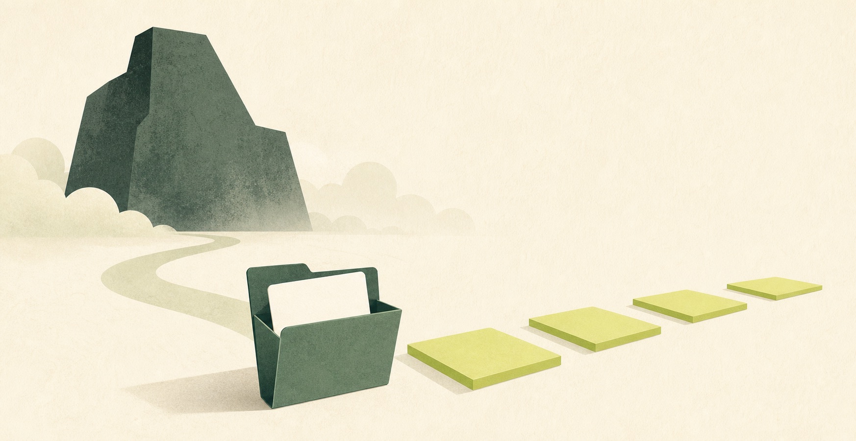 A small open folder leads to a short sequence of manageable stepping tiles while a large distant task remains in the background