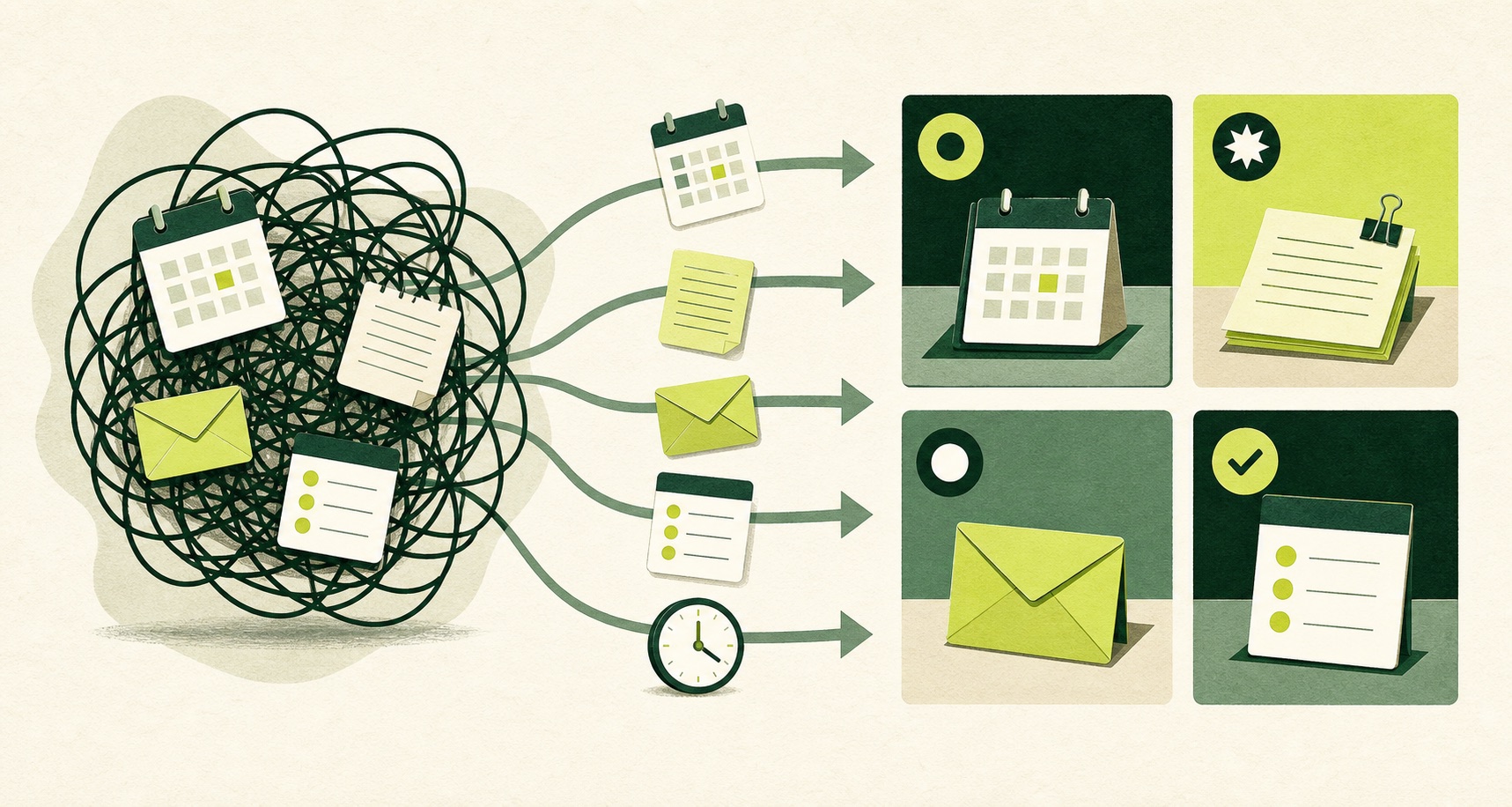 Scattered calendars, notes, messages, and a clock move from a tangled cluster into four visible work stations