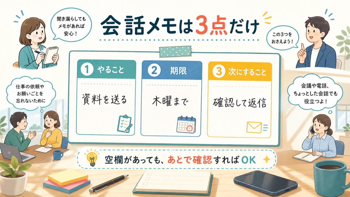 会話メモはやること・期限・次にすることの3点だけ残す図解